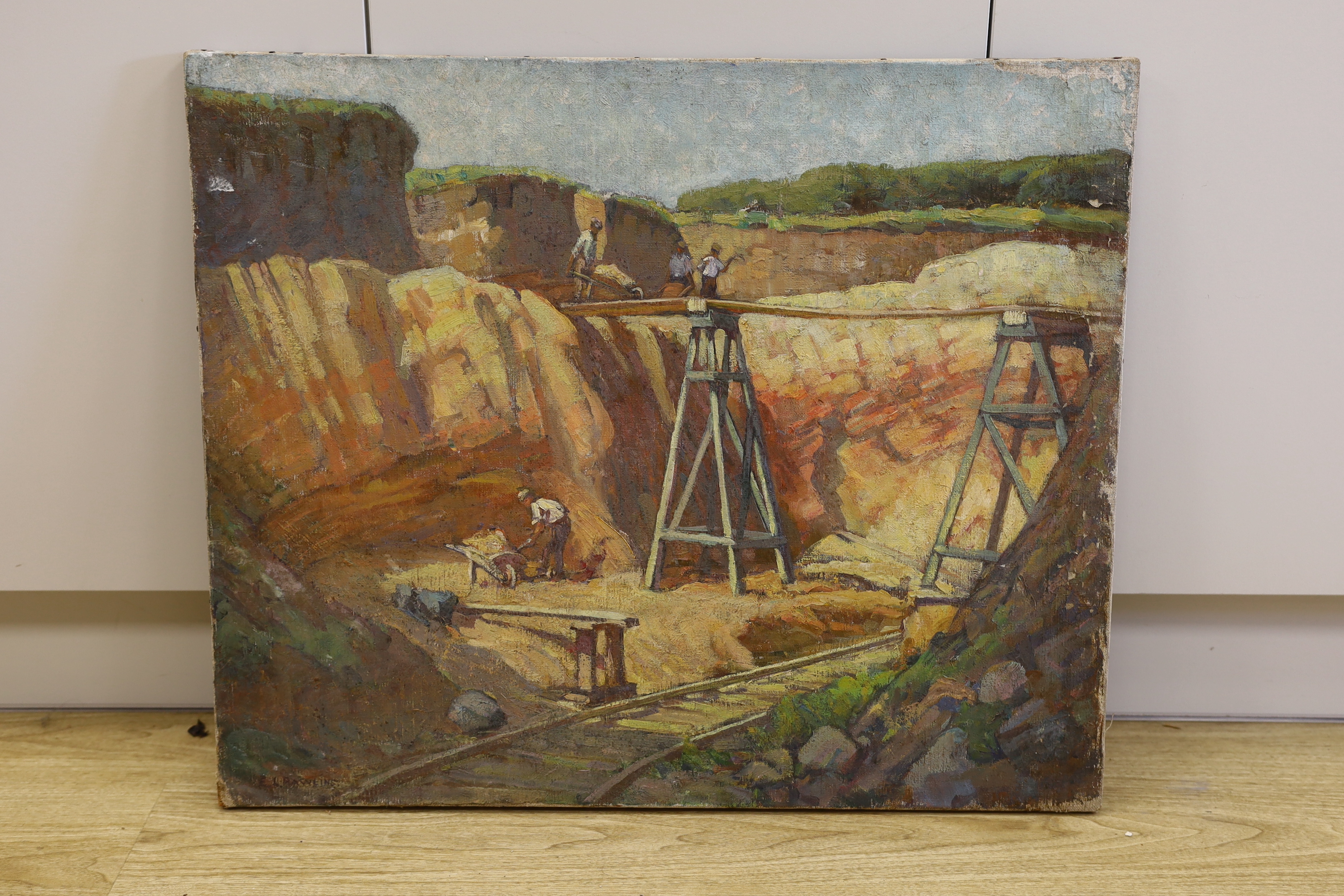 Ethel Louise Rawlins (Newlyn fl. 1900-1940), oil on canvas, Quarrying scene, 76 x 63cm, unframed